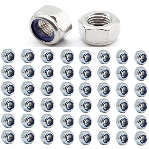 TAORAYO 50-Piece Hex Lock Nut, Nylon Lock Nut, 304 Stainless Steel, Hex Head Nut with Nylon Insert, Self-Locking, Replacement Part for Cars, Bicycles,