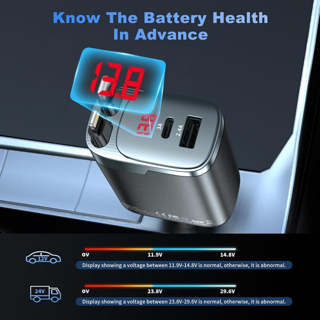 Выдвижное автомобильное зарядное устройство 84 Вт Автомобильное зарядное устройство USB C 4 в 1, Автомобильные аксессуары Адаптер для быстрой зарядки автомобильного зарядного устройства для iPhone 17 16 15 14 13 12 Pro Max, Samsung