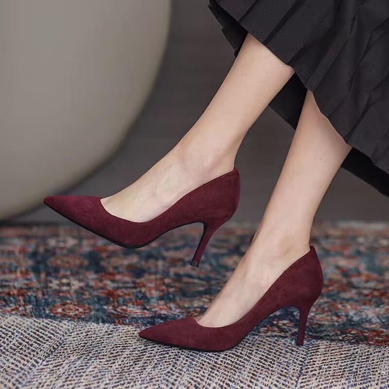 Fashion Pointy Suede High Heels Spring New Style Pointy Shallow Mouth Set Foot Anti-slip Wear-resistant Fine Heel Shoes