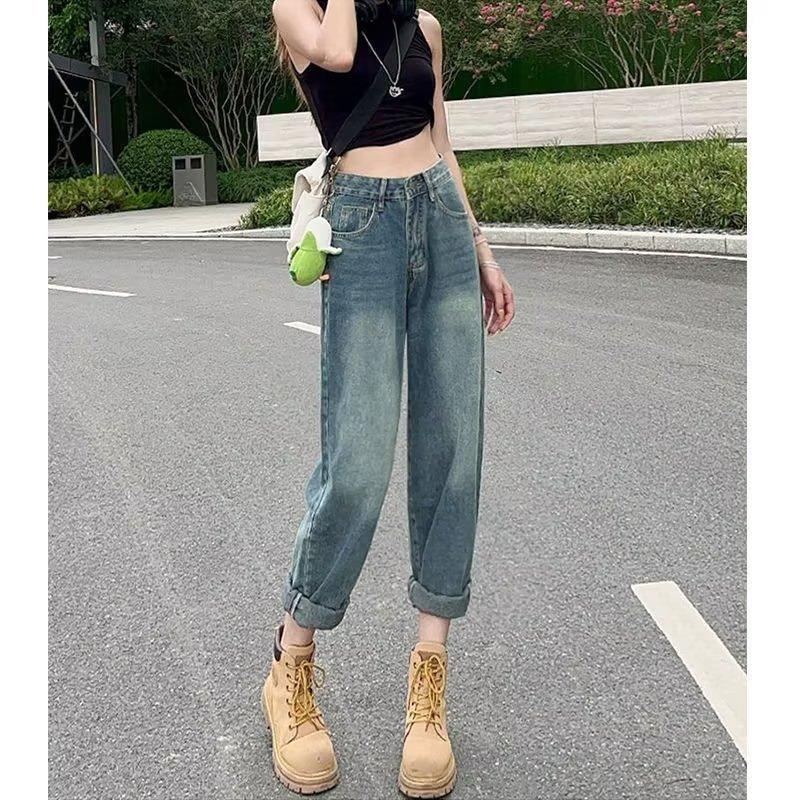 Retro straight dad jeans women's spring new high-waisted and thin loose wide-leg Harlan pants nine points
