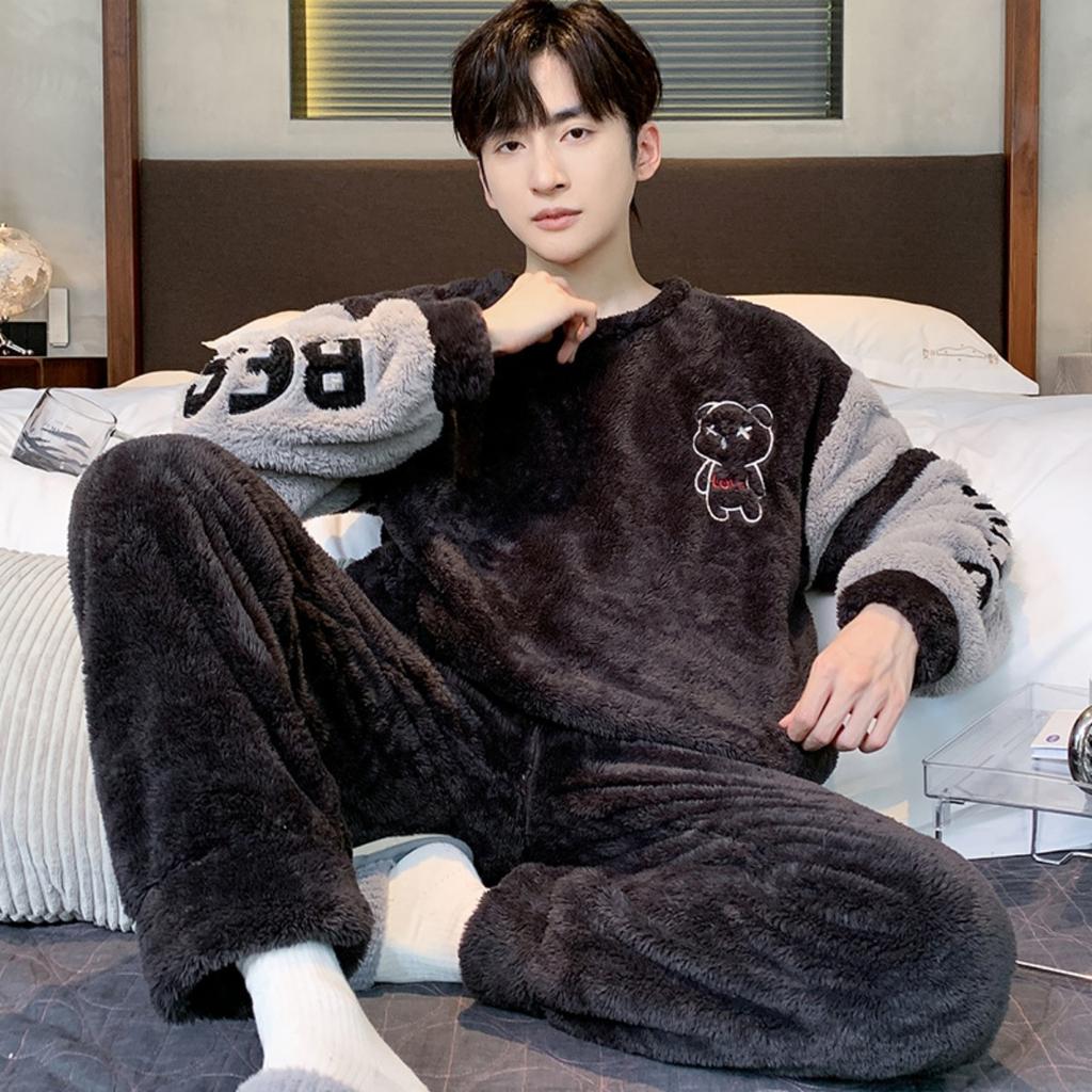Зимняя одежда, коралловый флис, пижамы, мужская одежда, утепленный флис, круглый вырез, брюки с длинными рукавами, костюмы, домашняя одежда