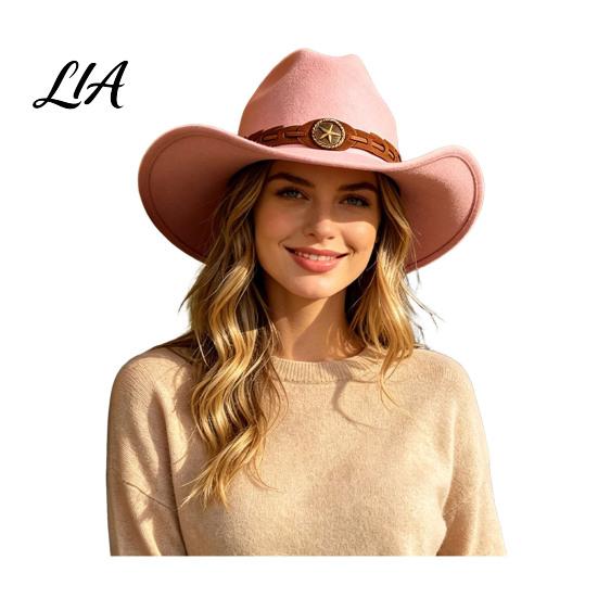 Fashionable Retro Style Hat Unisex Western Cowboy Hat, Wool Felt Fedora with Faux Leather Band, Wide Brim Cowgirl for Men Women Winter Windproof Cap