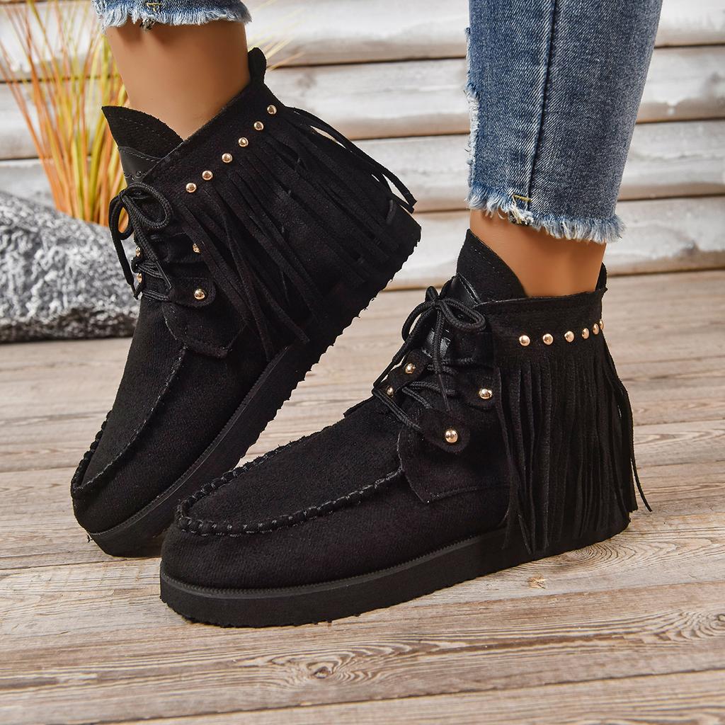 Vintage Women Ankle Boots Retro Outdoor Casual Shoes Fringe Winter Comfortable Luxury Women Shoes Round Toe Snow Boots Ladies