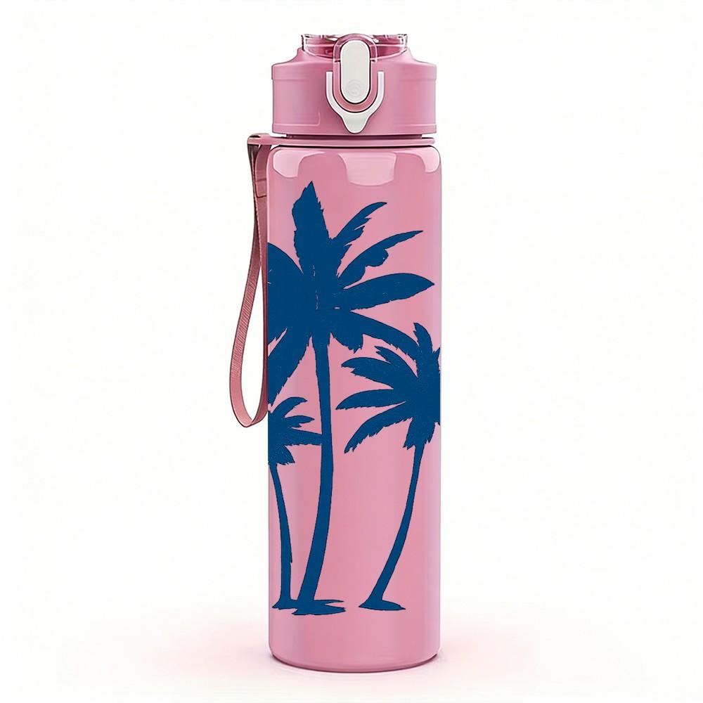 1PC Twin Palm Tree Minimal Line Art 750ml Color Plastic Sports Water Bottle Leakproof Flip Straw Lid Suitable for Sports Office Home Use
