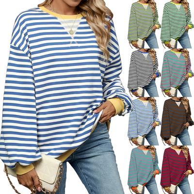 2024 Осень/Зима Новая Цветная Блокировка Сплайсинг Свободная Длинные Рукава Полосатый Круглый Вырез Толстовка Для Женщин