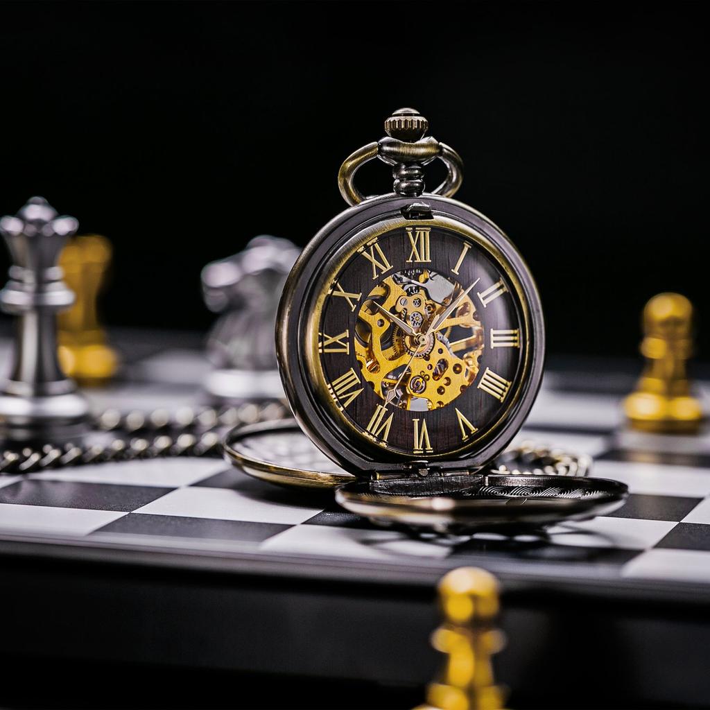 TREEWETO Bronze Double Cover Roman Numeral Dial Skeleton Pocket Watch Men's Women's