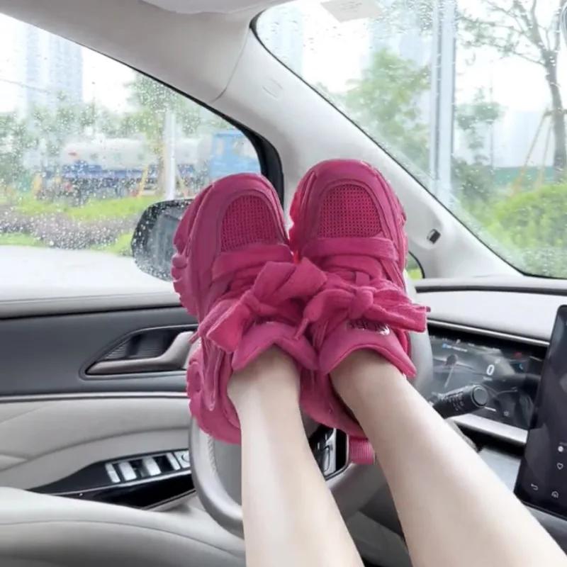 Высота каблука 7 см. Женские новые повседневные туфли на толстой подошве, универсальные, цветные, дышащие, спортивные туфли в стиле ретро, кроссовки для бега для студентов.