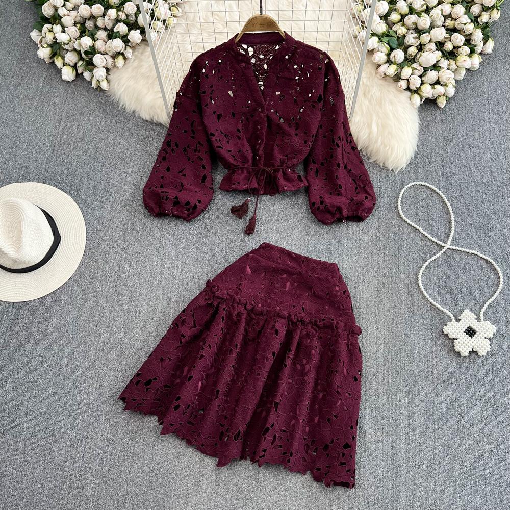 Короткая рубашка в стиле ретро с v-образным вырезом и полой вышивкой, рукавами-фонариками, женская цельная юбка трапециевидной формы с высокой талией, состоящая из двух частей