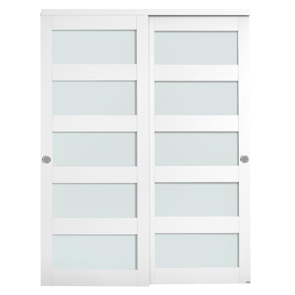 Sliding Closet Door, 1524mm (Double 787mm) x 2032 mm, 5-Lite Frosted Glass Bypass Sliding Doors with Hardware Kit, Solid Wood & MDF Slab with