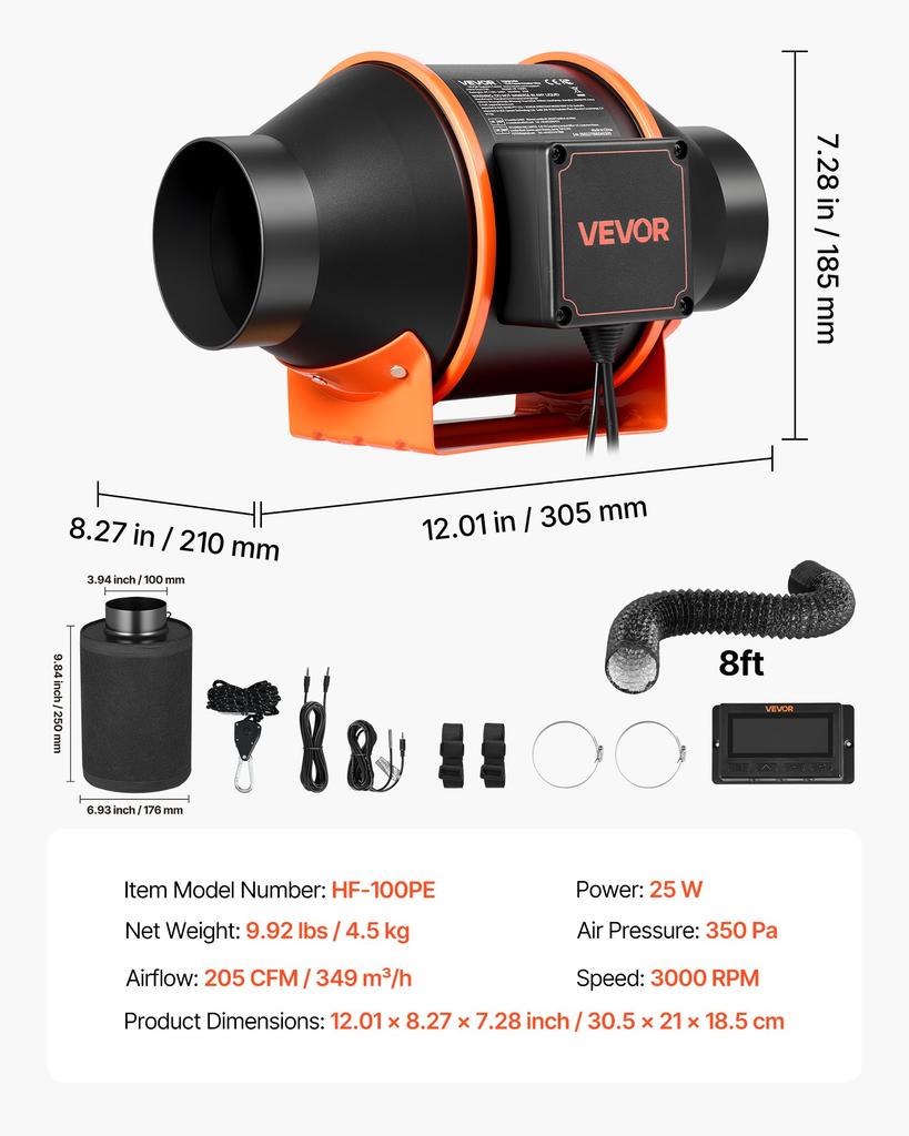 VEVOR Inline Duct Fan Kit Carbon Filter, 349 m³/h 101.6 mm EC Motor Exhaust Ventilation Fan with 10-Speed, PWM Controller, App Control, Timer