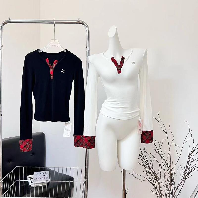 Корейские дизайнерские клетчатые футболки женские осенне-зимние лоскутные футболки с длинным рукавом винтажные топы с круглым вырезом в стиле 2000-х годов