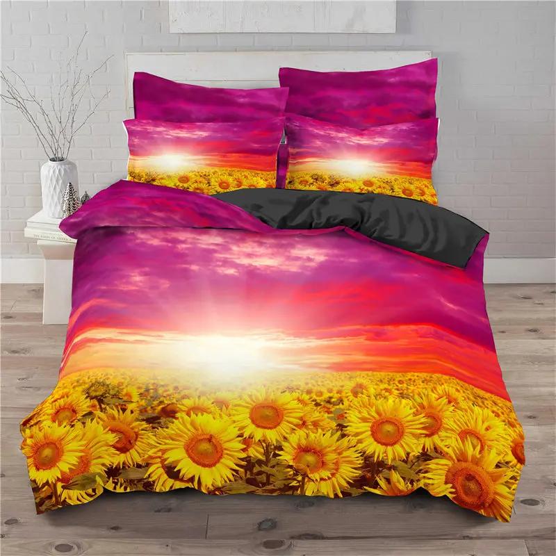 Sunflower Bedding Set Modern Microfiber Yellow Flowers Print Duvet Cover Alluring Sunflowers Summer Inspired Design Quilt Cover