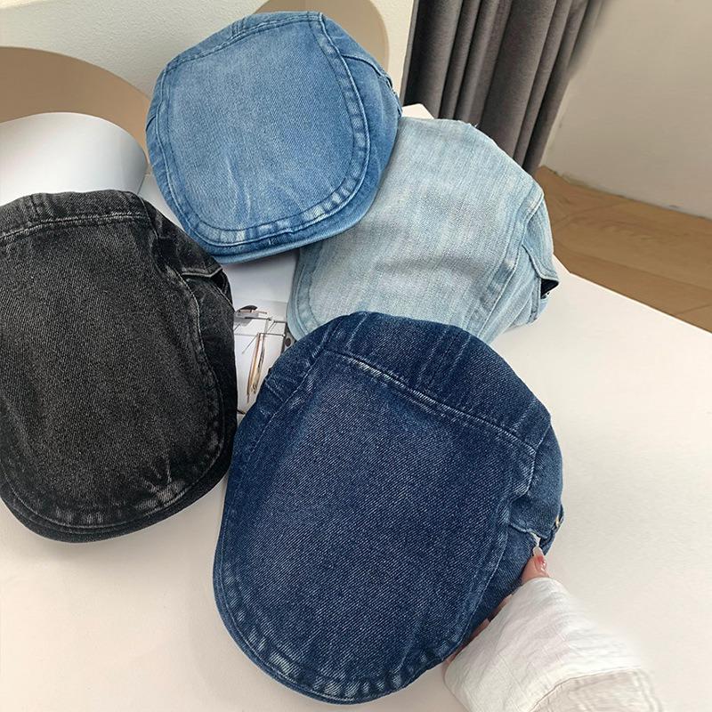 Spring and Autumn Retro Washed Denim Forward Hat Big Head Circumference Showing Face Small Beret Versatile Newsboy Hat Women's
