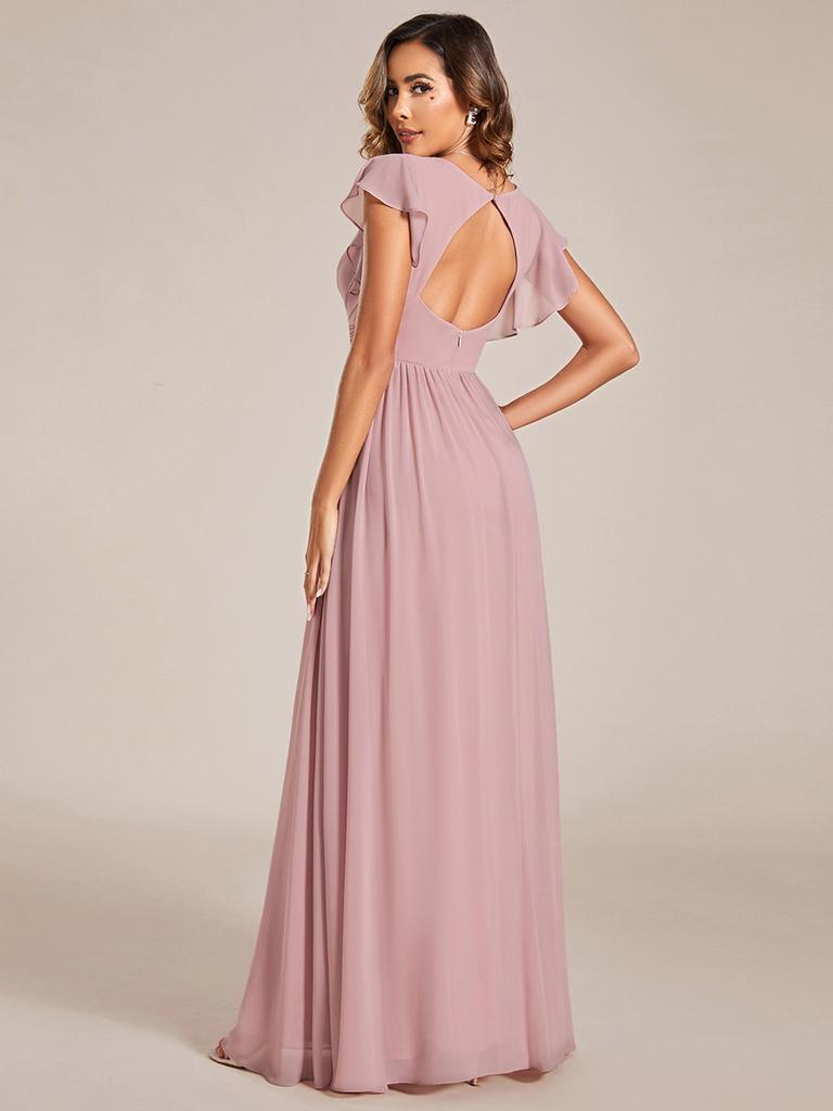Ever-Pretty Women's A-Line V Neck Pleated Belted Ruffles Sleeves Open Back High Waist Bridesmaid Dresses
