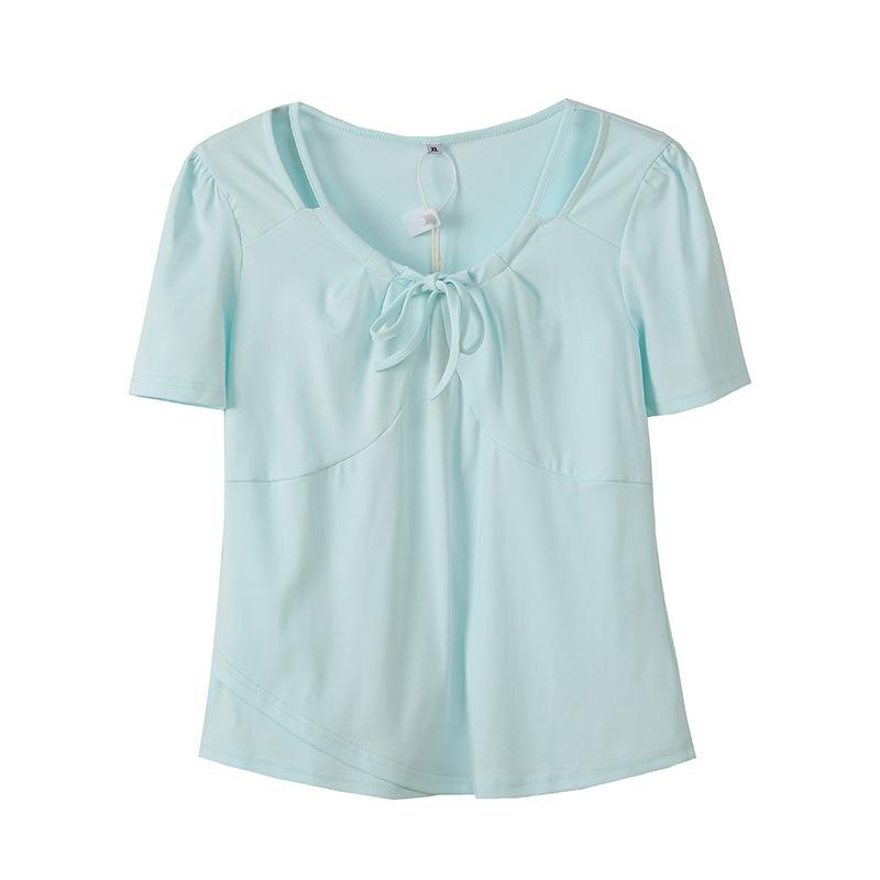 Large size women's clothing design sweet short T-shirt summer new pullover lace-up irregular top 252480