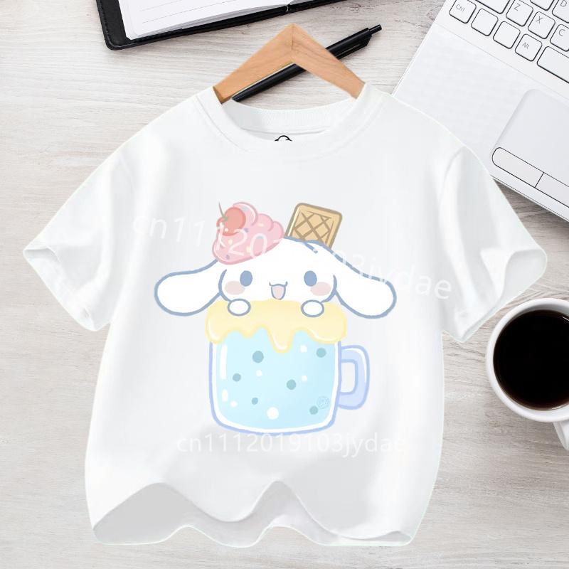Летняя повседневная одежда 2026 Kawaii Подарок Милый Киннаморолл Девочка Футболка Хлопок Аниме Принт Футболка Детская с коротким рукавом Уличная одежда