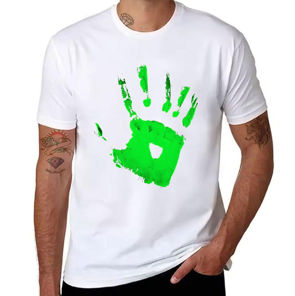 Unisexs Cotton Tshirt With Green Handprint Graphic Casual Short Sleeve Crewneck Tee For Daily Wear Streetwear