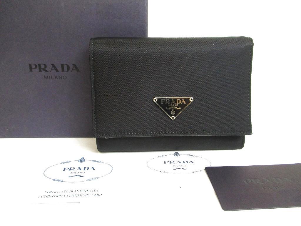 Оригинальный черный нейлоновый и кожаный трехскладной кошелек PRADA #a578 Открытая коробка