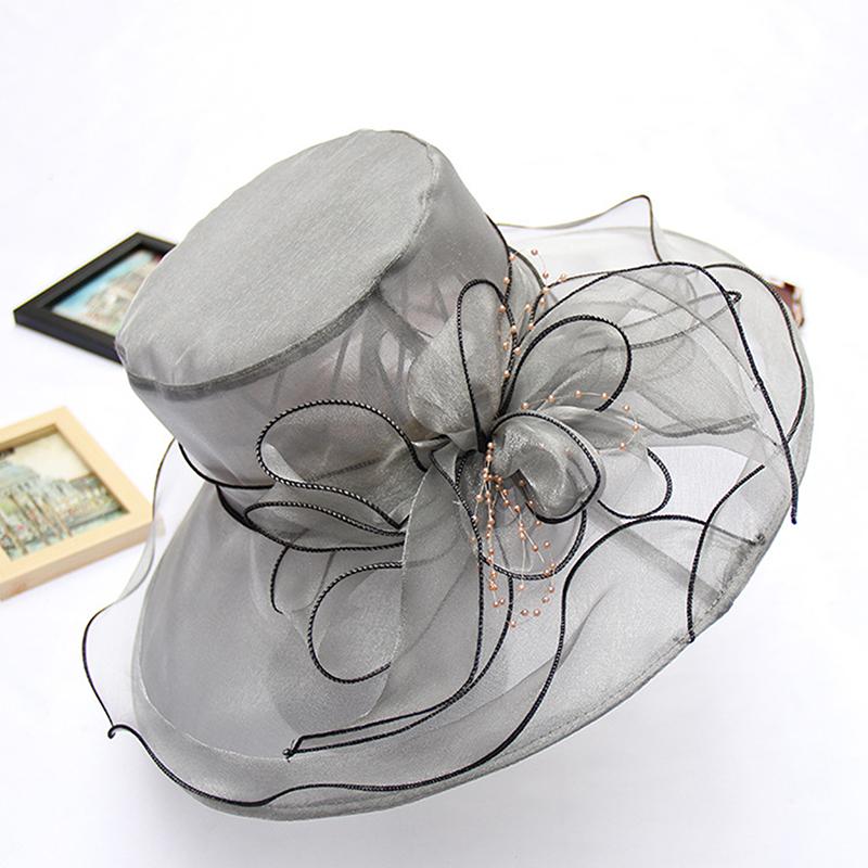Vintage Organza Wide Brim Hat For Women Church Dress Bridal Wedding Hat Floral Mesh Sun Hat Party Beach Caps