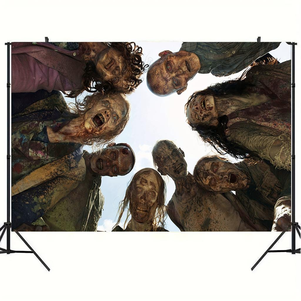 Large realistic zombie-apocalypse background banner - lifelike bloody zombies and terrifying screaming figures