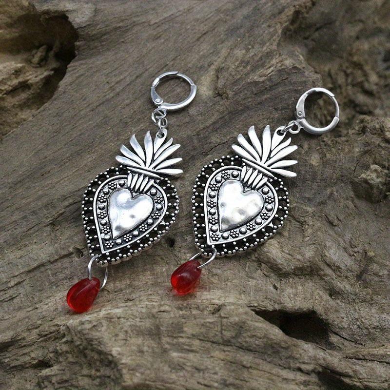 Heart Shape with Ruby Zinc Alloy Decor Golden / Silvery Dangle Earrings Retro Elegant Style Delicate Gift for Lovers