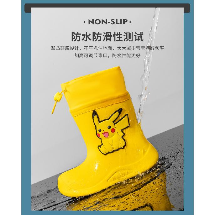 Pikachu Children's Rain Boots Boys Baby Non-Slip Fleece-Lined Warm Rain Boots Girls Toddler Kids Lightweight Waterproof Shoes