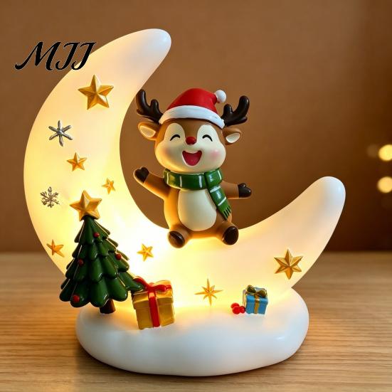 Elk Figurine Ornament Christmas Moon Night Light with Santa Claus, Resin Decoration Warm LED Ornaments Glow, Holiday Tabletop for Home