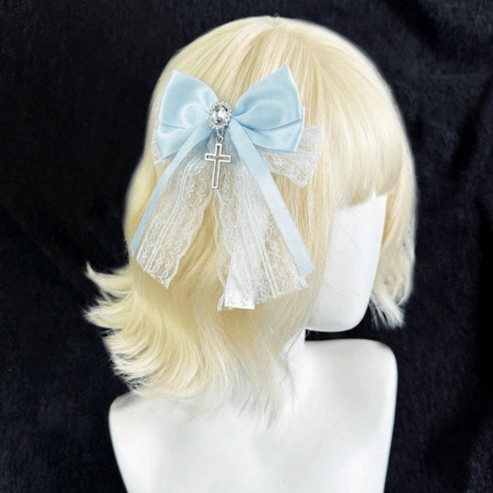 Cute Bow Cross Pendant Gothic Hair Clip Exquisite Lace Design Y2K Hair Clip Girl's Accessories
