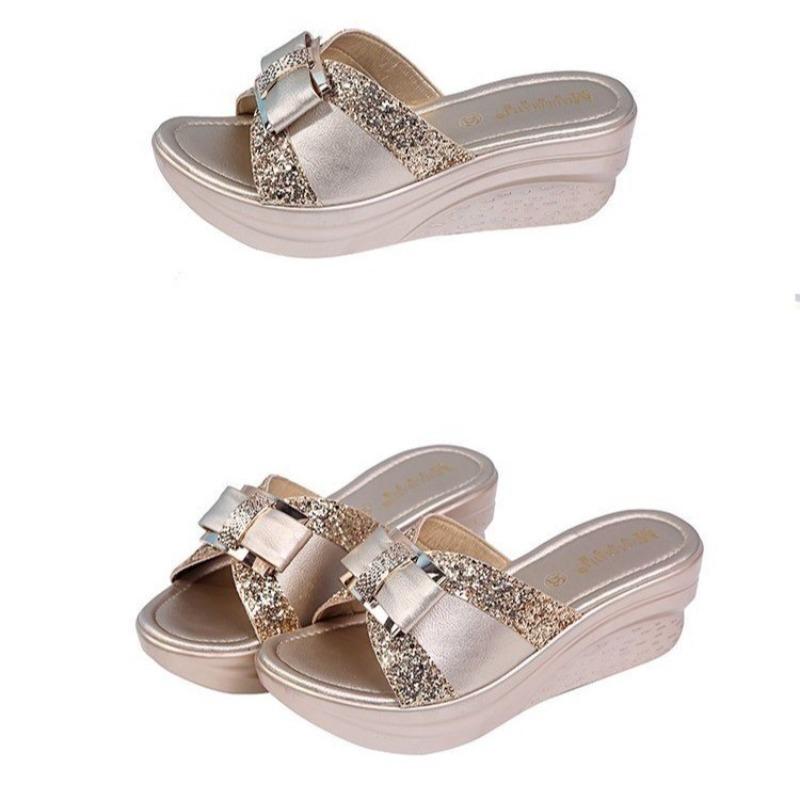 Летние женские повседневные тапочки с открытым носком, новые модные женские шлепанцы на платформе и высоком каблуке, удобные тапочки на танкетке