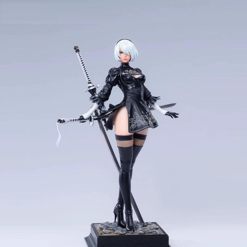 NieR Automata 2B Аниме Девушка GK Фигурка Двойная Голова Скульптура Высокий Разрез Боевой Костюм Коллекционная Статуя Настольное Украшение