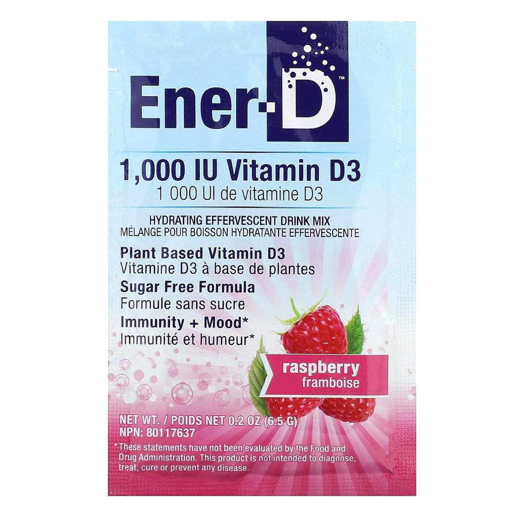 Ener-C, Ener-D, Vitamin D3, Hydration Effervescent Drink Mix, Sugar Free, Raspberry, 1,000Mg, 24 Pack