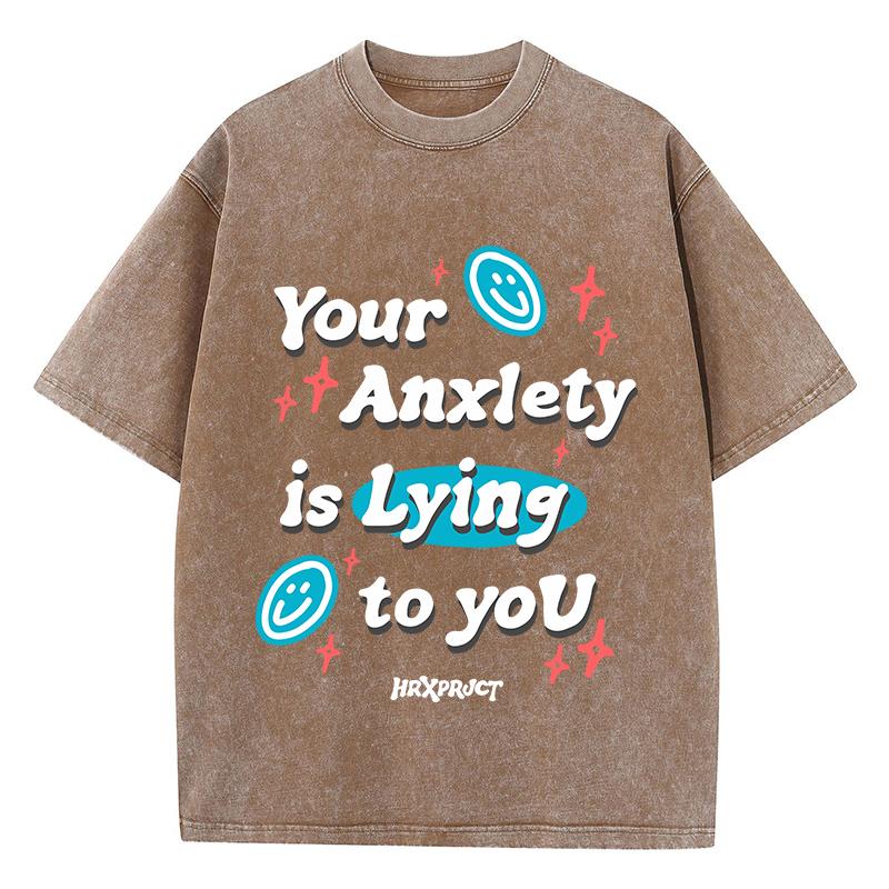 Винтажные женские футболки с кислотной стиркой Ваши тревоги лгут вам Принты Топы Круглый вырез Хлопок Оверсайз Рубашки