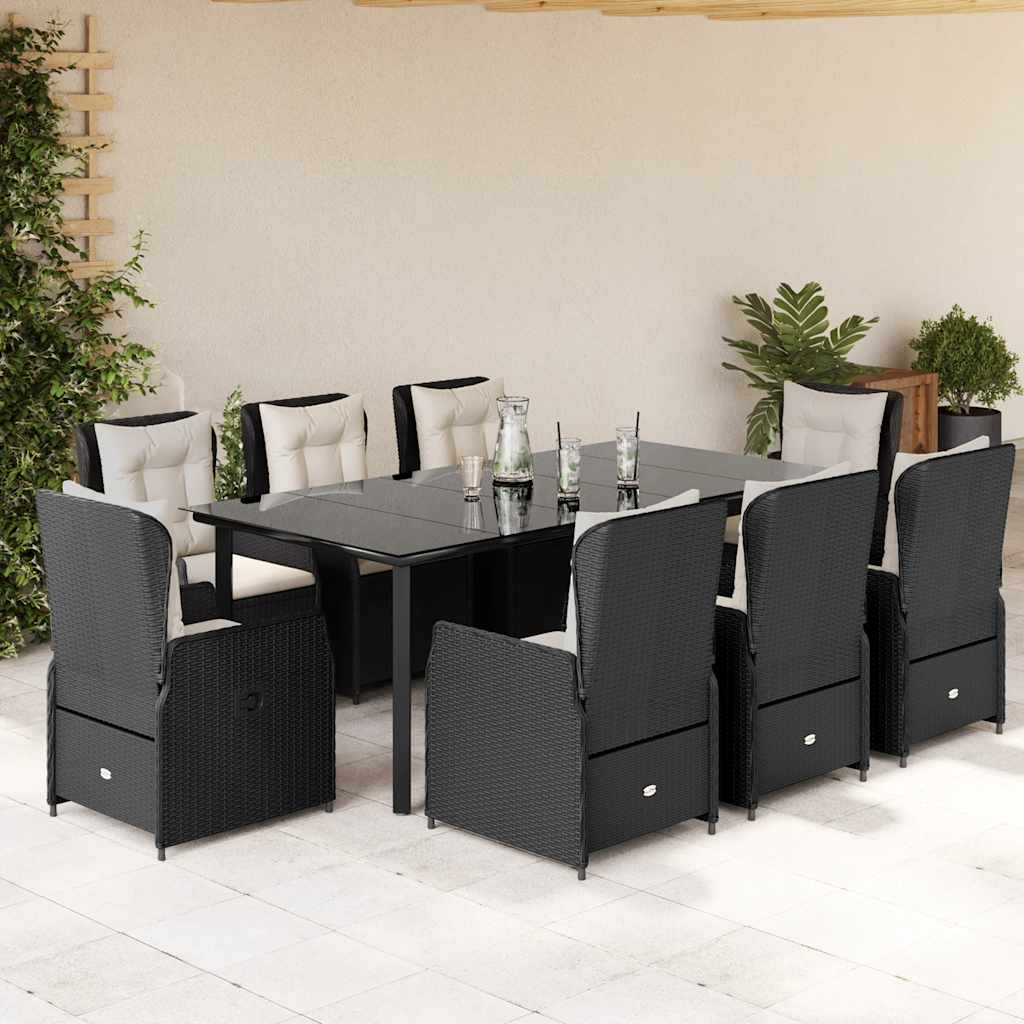 9 Piece Outdoor Dining Set with Cushions Black Poly Rattan