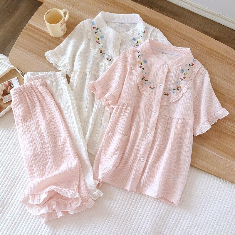 Spring and Summer 2025 New Women's Pajama Suit 100% Cotton Crepe Short-sleeved Capris Embroidered Round-neck Household Clothes
