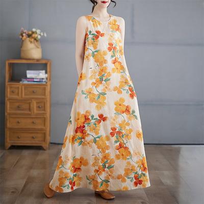 Летнее новое художественное свободное платье с круглым вырезом и без рукавов для женщин, длинное платье