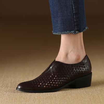 Модные женские новые весенне-осенние винтажные туфли-мюли из натуральной коровьей кожи с острым носком и перфорацией, удобный средний каблук