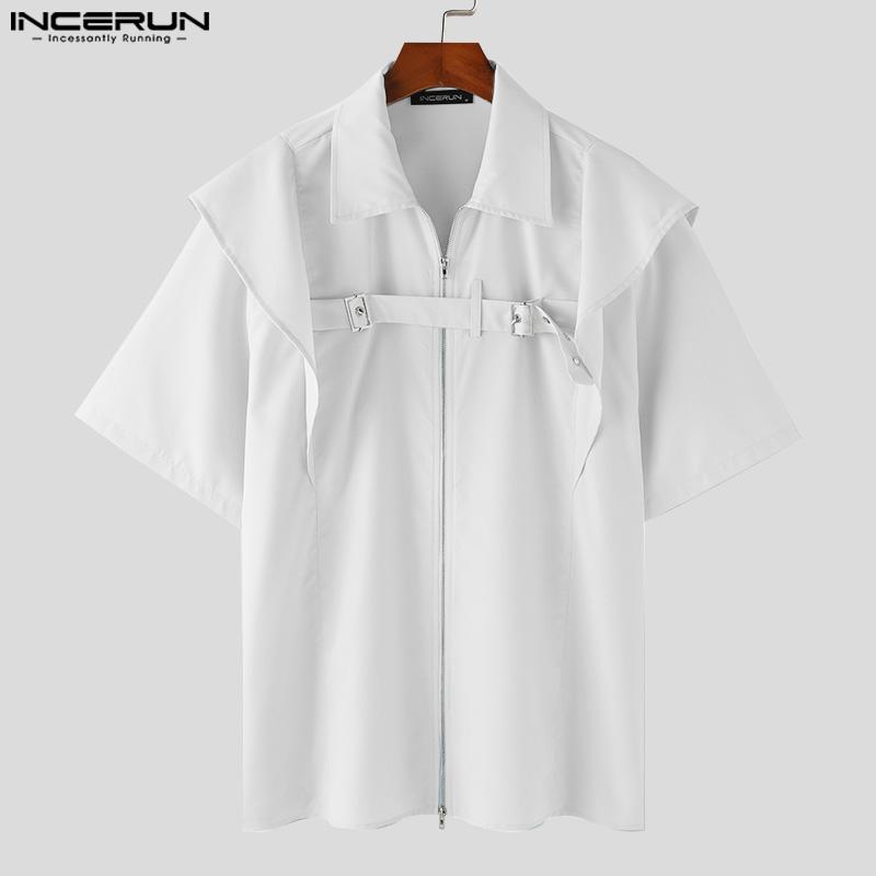 INCERUN Мужские топы с короткими рукавами и оборками, летние рубашки-карго на молнии