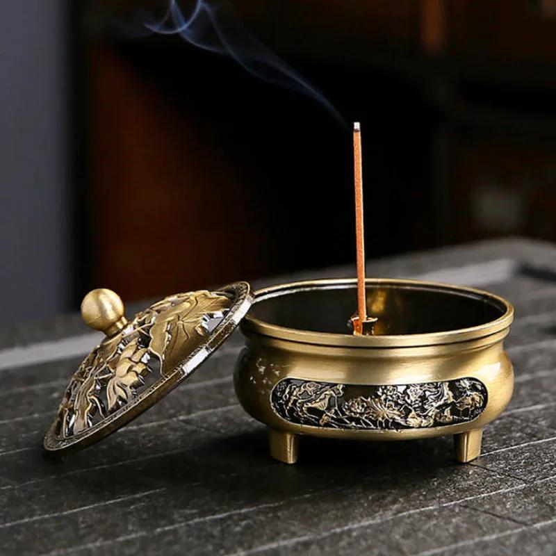 Vintage Brass Lotus Incense Burner Buddhism Buddha Holder Hollow Out Copper Three Legged Sandalwood Censer Home Decoration 7