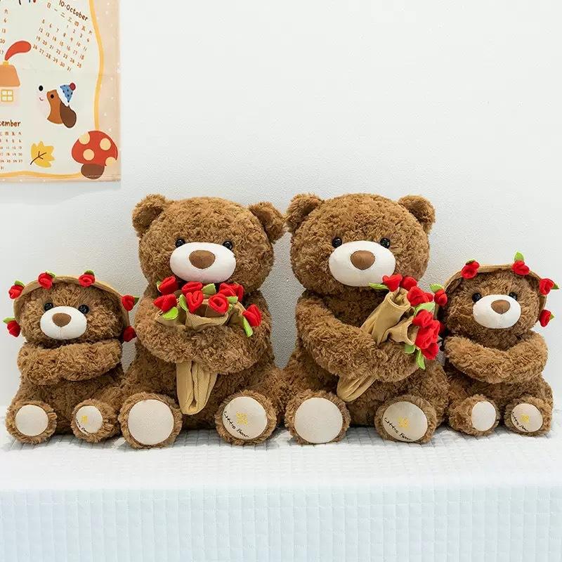 Rose Bear Teddy Bear with Hat, Flower Holding Plush Toy, Valentine's Day Birthday Gift for Girlfriend Women