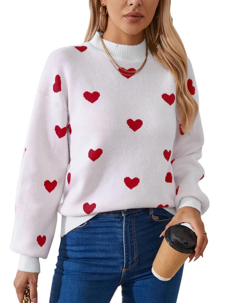 Heart Jacquard Round Neck Pullover Sweater for Women - Autumn/Winter Valentine's Day Style