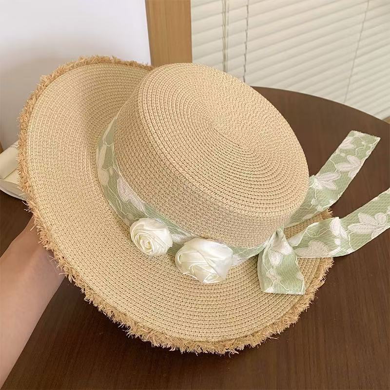 New bow lace straw hat women's summer seaside beach vacation sun hat large brim sun protection hat