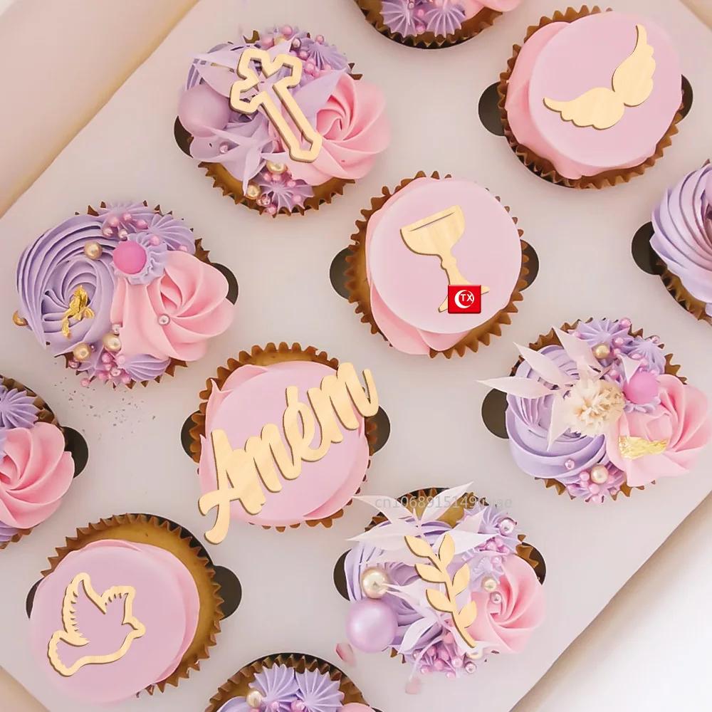 1/6PCS Gold Peace Dove Cross Cake Toppers Holy Communion Baptist Party Decor Cake Insert For Communion Party Decoration