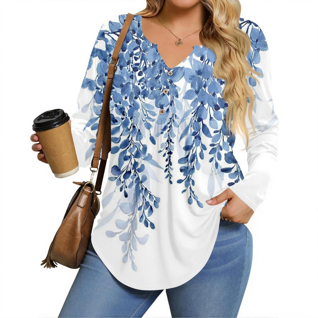 Womens Plus Size Long Sleeve Shirts V Neck Tunic Tops Basic Loose Fit Tee Tops
