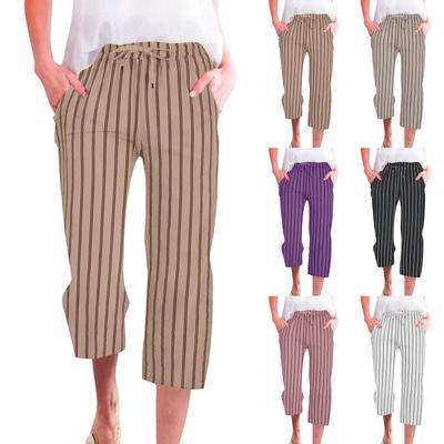 Женские свободные повседневные брюки большого размера из хлопка и льна в полоску
