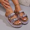 Fashion Rhinestone Platform Cool Mopping Women's Fashion Round Toe Open Toe Metal Buckle Anti-slip Wear-resistant Flats