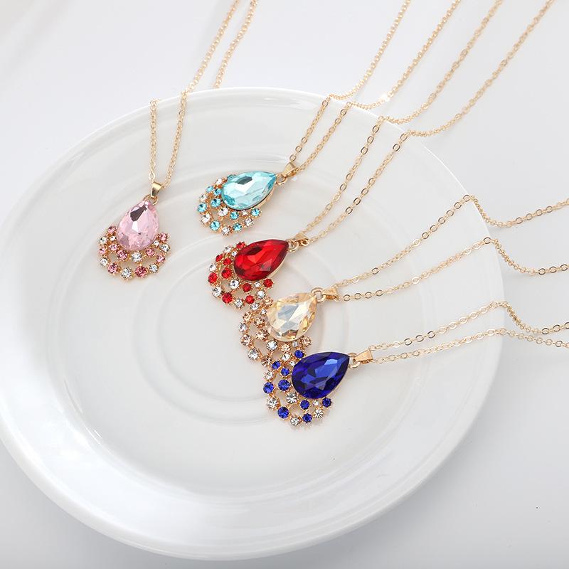 1set/3pcs (Necklace + Earrings) Women's Elegant Jewelry Set Fashion Jewelry Crystal Gemstone Diamond Drop Pendant Set Accessories