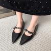 Fashion 2025 New Women's Leather Metal Buckle Sweet Bowtie Pointed Toe Slip-on Mary Jane Pumps Elegant Ladies Square Heeled Shoes