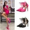 2024 New Pointed Buckle with Hollow Women's Sandals Fashion Mesh Bow Satin Summer High-heeled Party Dance Shoes