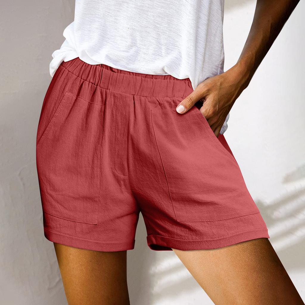 Женские льняные шорты, повседневные широкие брюки, летние рабочие плиссированные шорты с эластичной резинкой на талии, пляжные шорты с карманами