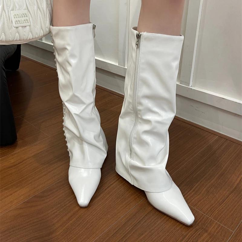 Модные женские сапоги-брюки, крутые сапоги до колена, украшенные жемчугом, на молнии, с покатым каблуком, с квадратной головкой, женская обувь